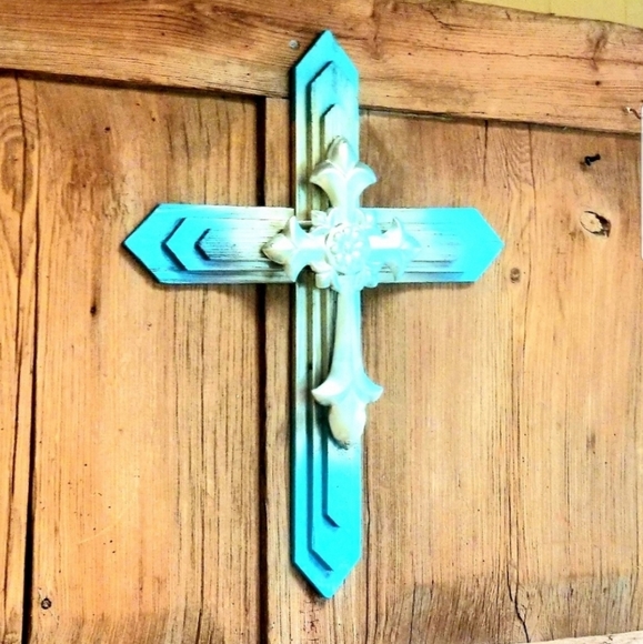 Hand-Painted Turquoise & Gold Wooden Wall Cross - Picture 4 of 5